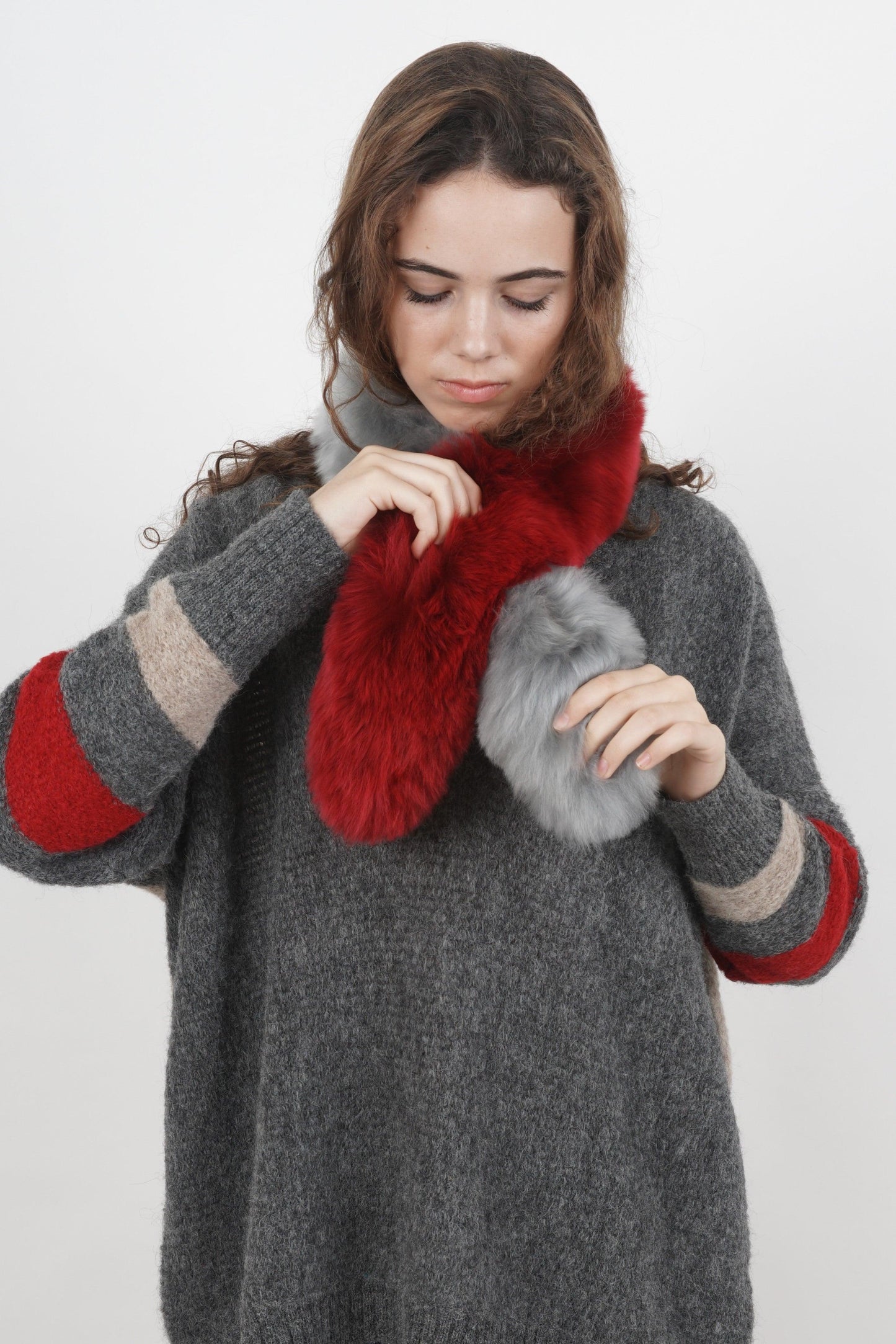 Bufanda de pelo de alpaca corta rojo-gris claro - Be ALPACA